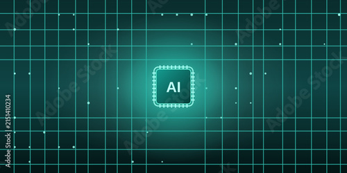 Bright teal and cyan artificial intelligence circuit grid background, a clean circuit grid surrounding a glowing chip, abstract futuristic design for branding, brochure and cover, edition 4.