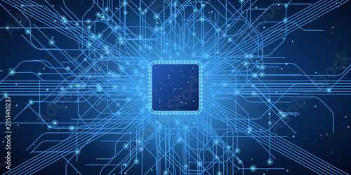 Dynamic blue AI microchip background with a motherboard, a detailed motherboard circuit with a central processor, abstract tech concept for banner, website and branding, edition 4.