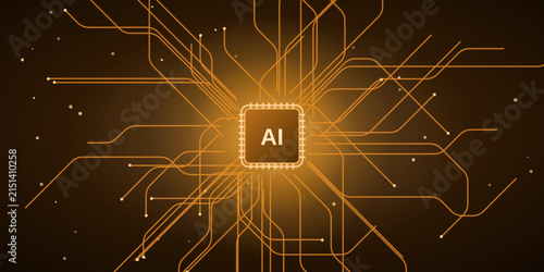 Abstract orange and gold AI radial circuit background, circuit lines radiating from a glowing central processor, dynamic technology design for cover, packaging and social media, edition 4.