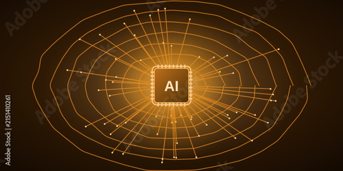 Abstract orange and gold AI concentric circuit background, concentric circuit rings around a glowing chip, electric technology design for banner, website and branding, edition 4.