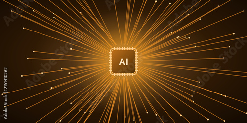 Hi-tech orange and gold AI microchip background with a light burst circuit, light rays bursting from a central processor, abstract tech concept for social media and wallpaper, edition 4.