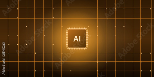 Futuristic orange and gold artificial intelligence circuit grid background, a clean circuit grid surrounding a glowing chip, abstract futuristic design for branding and brochure, edition 4.