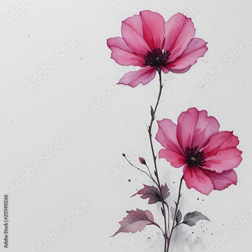 Two Pink Floral Watercolor Blossoms Isolated On Clean White Background Minimalist Illustration