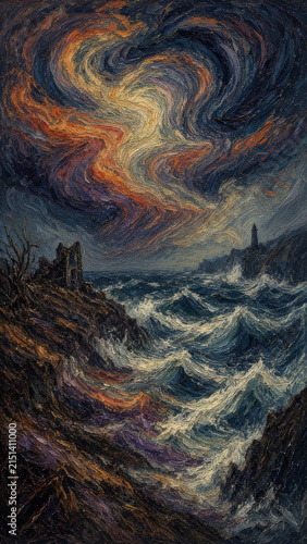 Dramatic oil painting with swirling brushstrokes depicting a melancholy stormy ocean coast