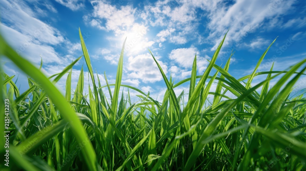 Fototapeta premium Green grass field low angle view with blue sky and sun on sunny summer day, nature background