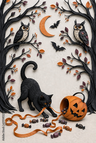Black cat pulls ribbon from Halloween pumpkin in paper art