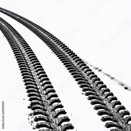 Black And White Ink Pattern Off-Road. Monochrome Grunge Design Showcases Abstract Tire Tracks And Dirty Wheel Traces On A Graphic Texture Background