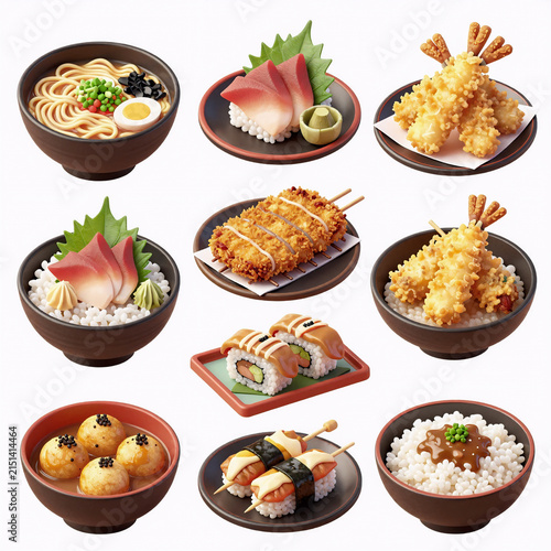 Isometric Sushi Bento. 3D Japanese Food Icons (Ramen, Sashimi, Tempura, Tonkatsu, Sushi, Curry Rice, Yakitori, Takoyaki, Shabu, Yakiniku Beef Rice Bento) On White Background