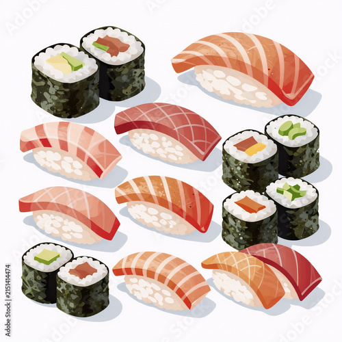 Vector Art Sushi Appetizer. Collection Of Sushi Pieces Isolated On A White Background