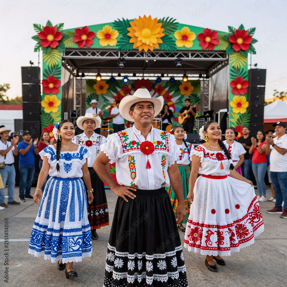 Obraz premium Holographic Hispanic Art. A Vibrant, Latin Folk Festival Showcases Hispanic Culture And Heritage, Adorned With Traditional Ethnic Floral Ornamentations Amidst Tropical Flowers
