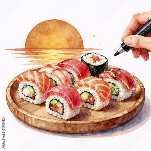 Watercolor Sushi Grig. Woodcut-Style Drawing Of Rolls With Tuna, Salmon, And Red Fish Sushi On A Wooden Plate Against A Bright Red Sun Background Using Alcohol Markers
