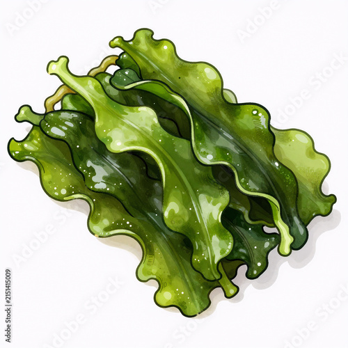 Stop-Motion Sushi Lettuce. Isolated Hand-Drawn Illustration Of Sea Lettuce, Green Nori Edible Seaweed For Sushi And Onigiri In A White Background
