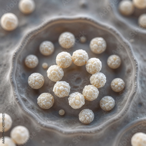 3D Game Potato Detail. Brightfield Microscopic View Of Iodine-Stained Potato Tuber Cells, Highlighting Starch Granules