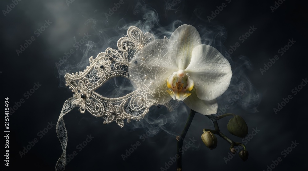 Obraz premium Lace masquerade mask with white orchid flower in smoke