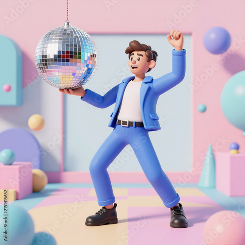 3D Game Collage Night. Vibrant Disco Ball Man Dancing At A Retro Party, Isolated On A Pastel Geometry Pattern Background