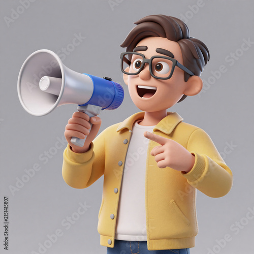 Expressionist Megaphone 3D Glasses. 3D Cartoon Man With Glasses, Yellow Jacket, Megaphone: Smiling While Pointing To The Side