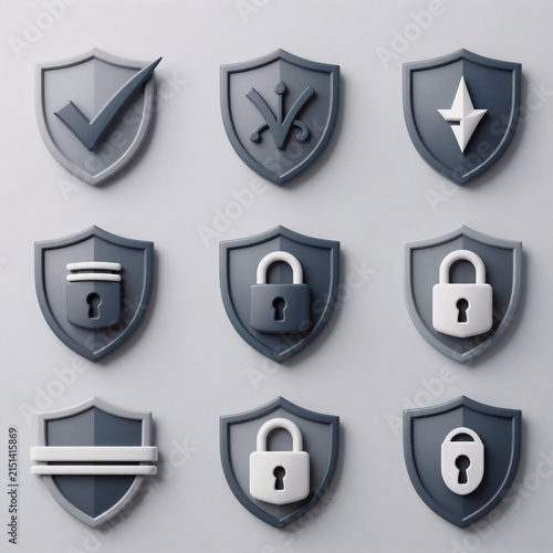 Cyberpunk Cybersecurity Verification. Cybersecurity-Themed Security Shield Icons Featuring Check Marks And Padlocks For Symbols Of Safety And Protection