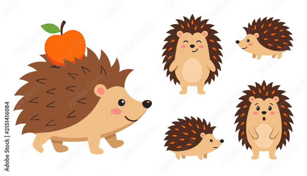 Obraz premium Cute Cartoon Hedgehog Character Set with Little Hedgehogs Standing Walking and Carrying an Apple for Woodland Nursery Decor and Kids Sticker Graphics