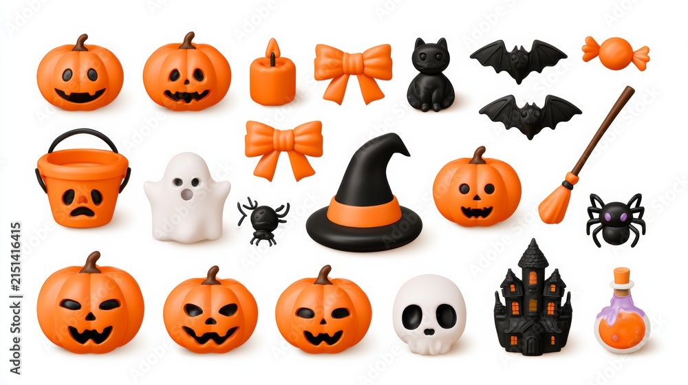 Fototapeta premium Halloween sticker collection with pumpkins, carved jack o lanterns, witches, bats and spooky symbols, playful spooky themes, Halloween celebration, autumn holiday.