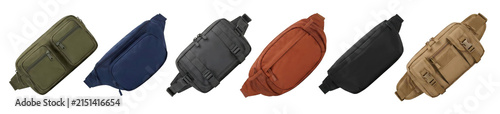 Collection of six colorful waist bags in various styles, including tactical and minimalist designs, presented as a versatile assortment of modern travel accessories