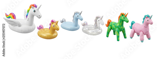 Collection of colorful inflatable unicorn toys including a large pegasus float, swim rings, and a drink holder for summer pool parties, rendered in a playful 3D style
