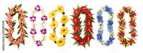 Six different traditional floral leis arranged in a colorful collection, featuring plumeria, orchid, hibiscus, anthurium, and delphinium flowers for a tropical celebration