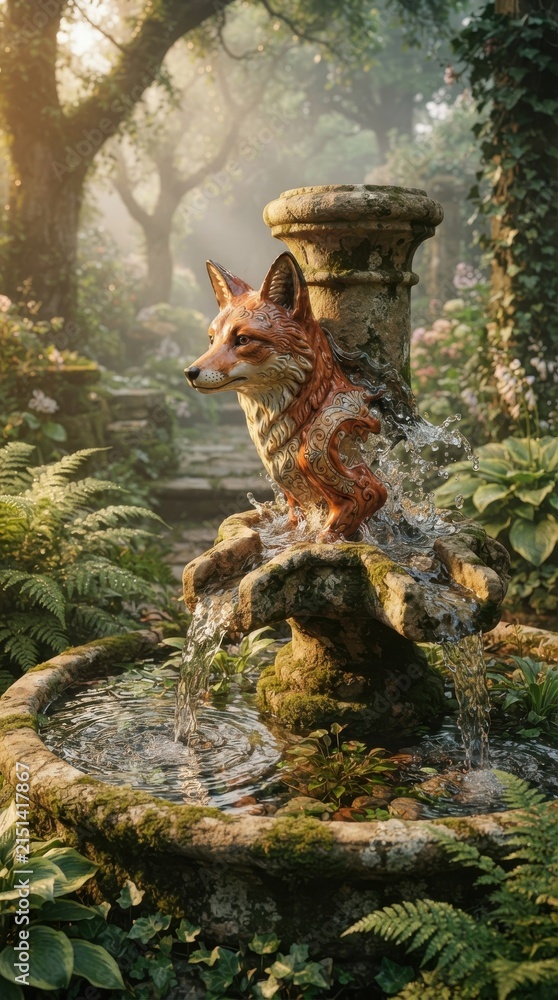 Naklejka premium Fox sculpture water fountain in lush forest garden