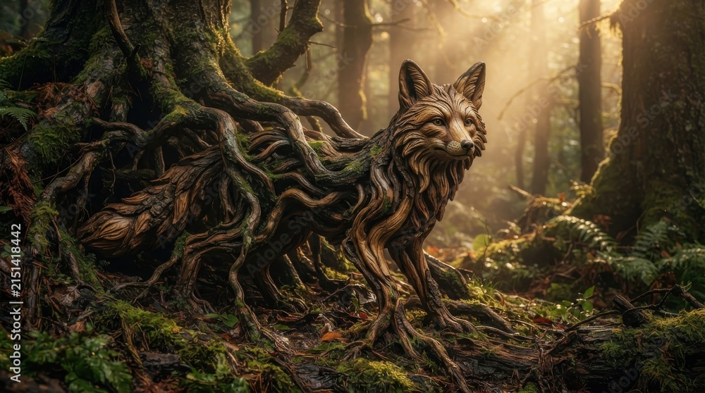 Fototapeta premium Fox sculpture made of tree roots in a forest
