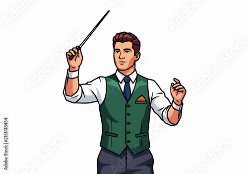 Conductor in green vest leading with baton raised