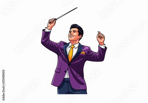 Conductor in purple suit leading with baton raised high