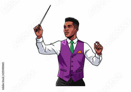 Conductor in purple vest leading with baton raised