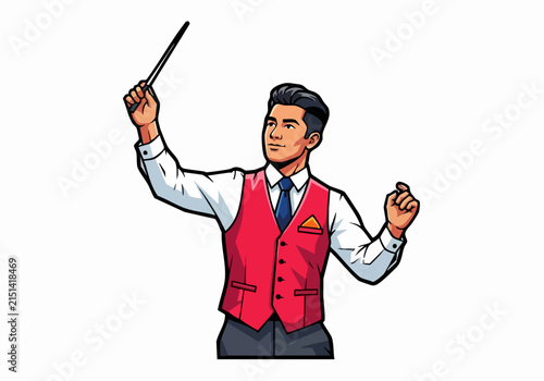 Conductor in red vest leading orchestra performance