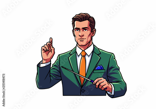 Confident business speaker giving presentation with pointer