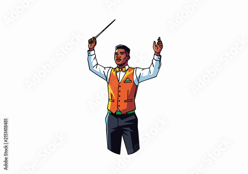 Conductor in orange vest leading with baton raised high