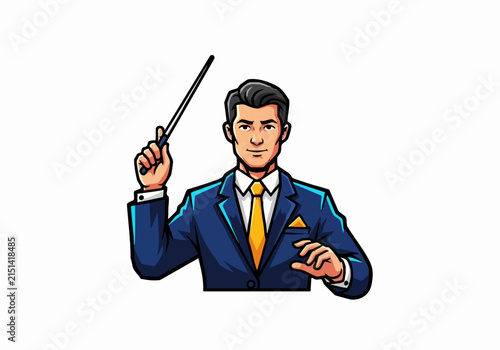 Confident business speaker presenting with microphone and pointer