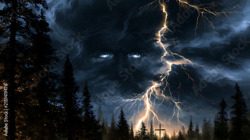 Against the backdrop of a dark stormy sky hanging over a dense forest, with tall pine trees in the foreground, powerful lightning strikes from seething dark thunderclouds.