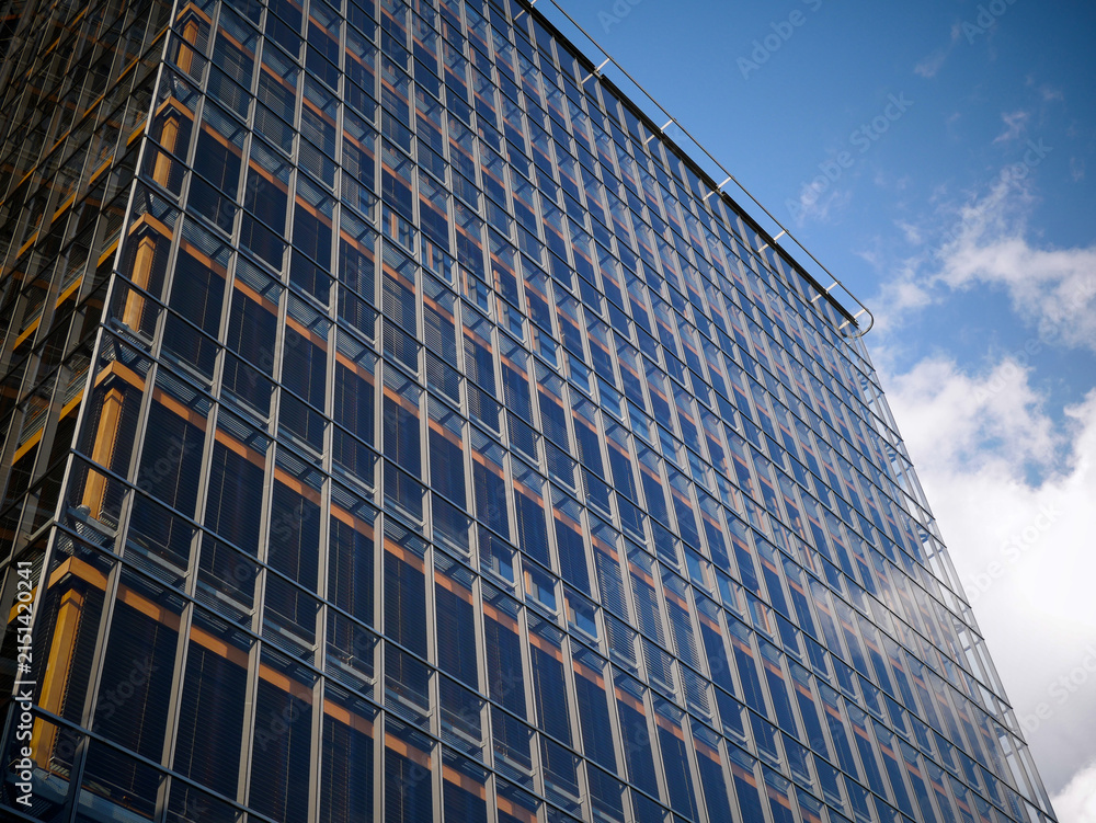 Fototapeta premium Modern Glass Office Building Against Blue Sky