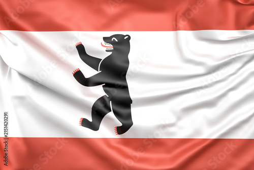 Ruffled Flag of Berlin, Germany, with black bear symbol. 3D Rendering