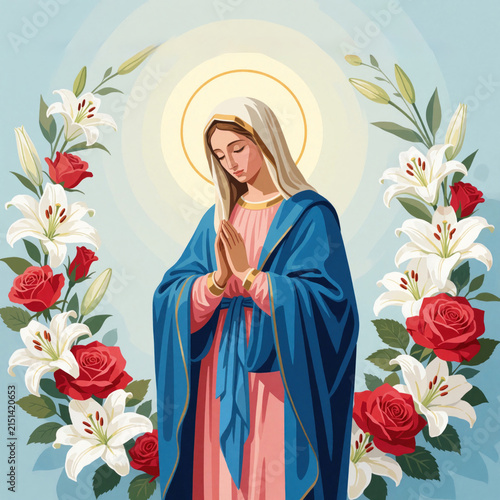 Religious illustration of Virgin Mary praying surrounded by lilies and red roses. Her gentle gaze and folded hands evoke devotion and peace during a solemn celebration of faith.