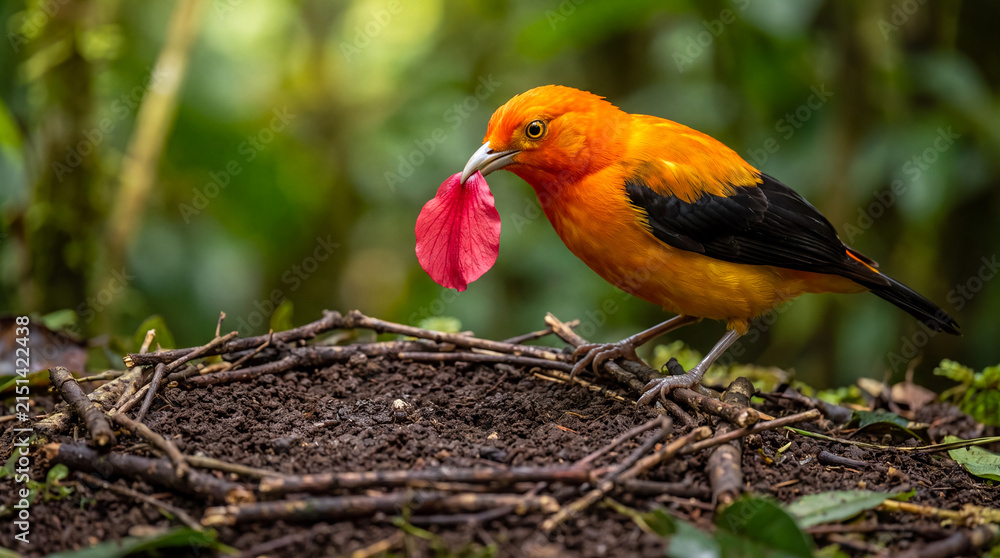 Fototapeta premium Andean Cock-of-the-rock holding a bright pink flower petal in its beak on a forest floor nest., displaying a unique natural courtship behavior in its native ecosystem.
