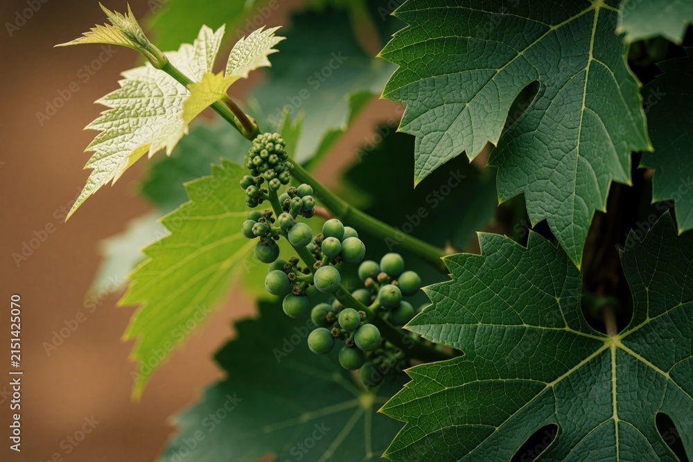 Obraz premium Green grapevine leaves, small unripe grape bunch grow on vine in vineyard. Fresh organic fruit develops under sunlight in agriculture plantation. Close up view of viticulture plant during growing