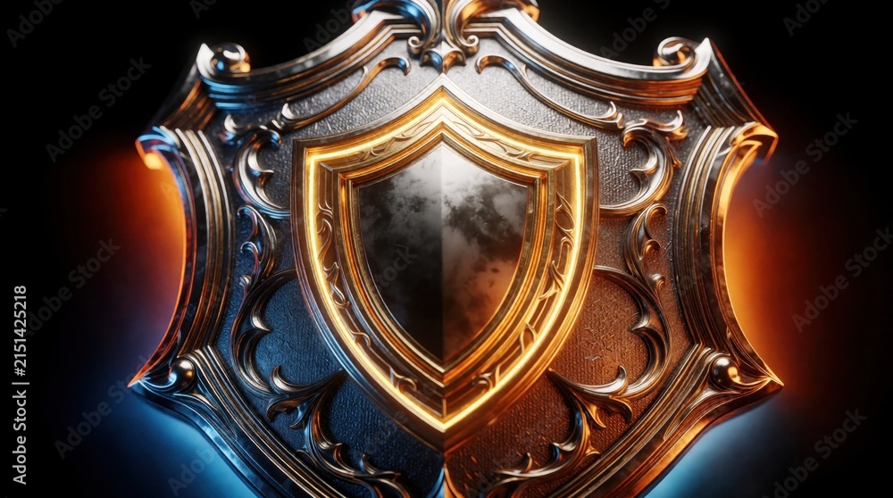 Fototapeta premium Ornate metallic shield symbol of digital security. Shiny gold steel protection emblem represents cyber defense, network safety. Glowing iron armor sign provides firewall guard for server data.