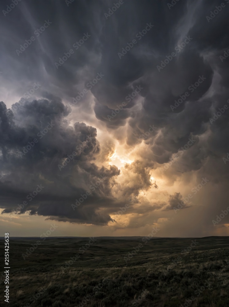 Obraz premium Dramatic sunset light breaking through dark heavy storm clouds over a vast open prairie landscape