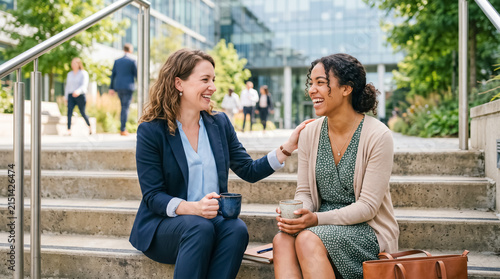 Outdoor Business Meeting: Two professional women share a moment of connection and collaboration on outdoor steps, with a modern office building in the background.