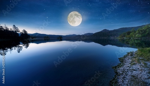 moonlight shines over a tranquil lake at night scenic nature view