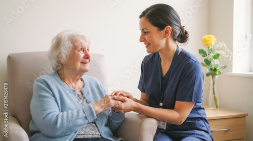 Compassionate Care: A caring healthcare professional gently holds the hands of an elderly woman, offering comfort and support in a warm, sunlit room. This image conveys kindness, empathy.