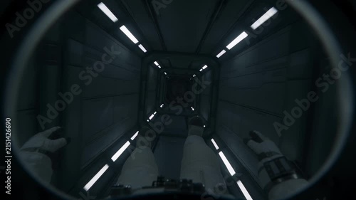 First person POV view of astronaut floating through spaceship corridor