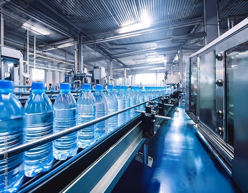 water bottles moving along a conveyor belt in an industrial bottling plant production line
