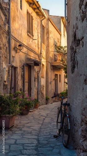 Ultra realistic professional travel photography of a narrow old Italian village street at golden hour, aged stucco buildings, wooden shutters, stone