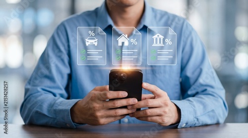 Online loan application and digital banking, man using smartphone for car, home, and personal loans with interest rates.

